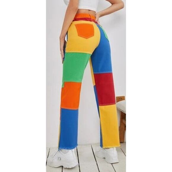 Color Block Jeans Womens X-Small Raw Hem Multi-Colored Patchwork Funky Fun Jeans - Picture 3 of 10